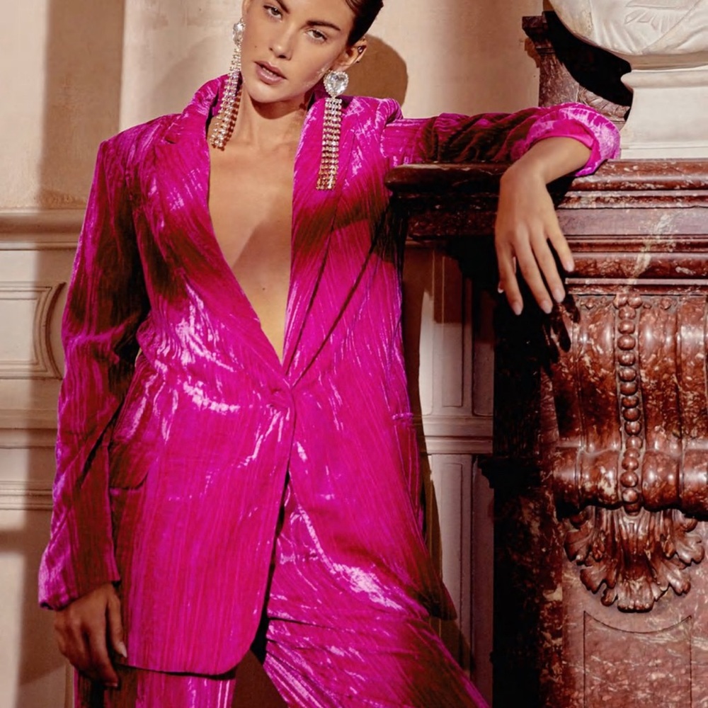 Bright Pink Nasty Gal Velvet V Neck Blazer with Matching Pants